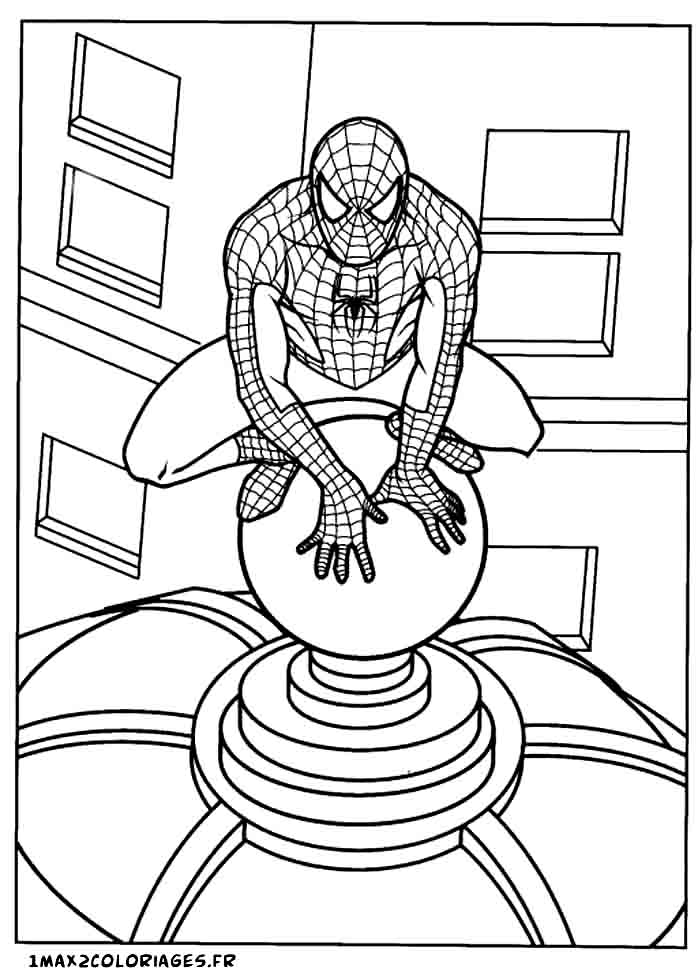 Coloriages de Spiderman a imprimer - Spiderman observe du haut du buiding