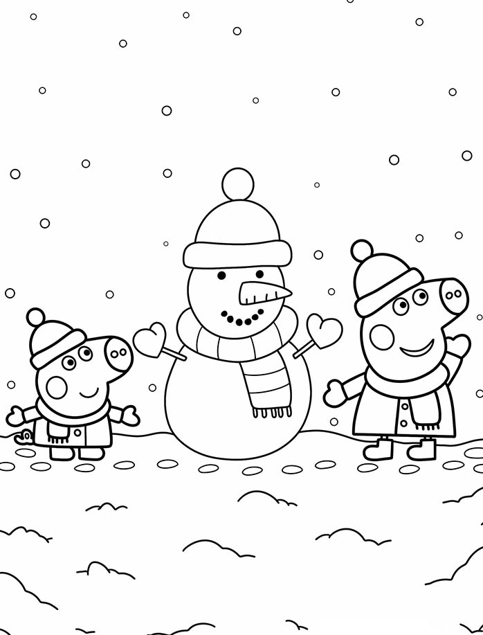 coloriage peppa pig et georges font un bonhomme de neige